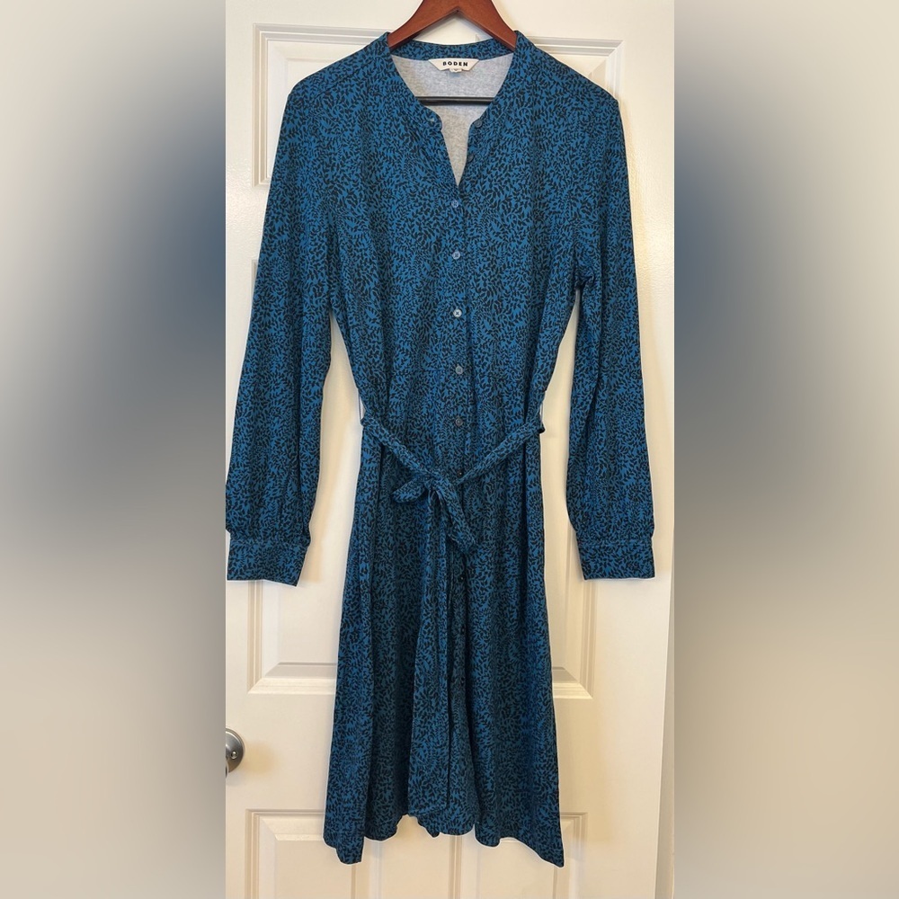 BODEN floral print black and blue long sleeve button up dress Size 12R